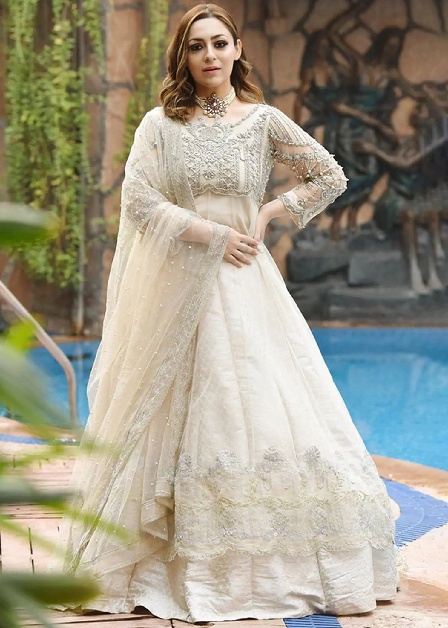Ivory Embroidered Net Pishwas Dress (3-Piece) - Image 1