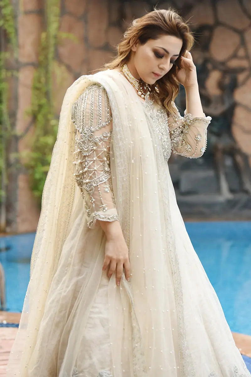 Ivory Embroidered Net Pishwas Dress (3-Piece) - Image 2