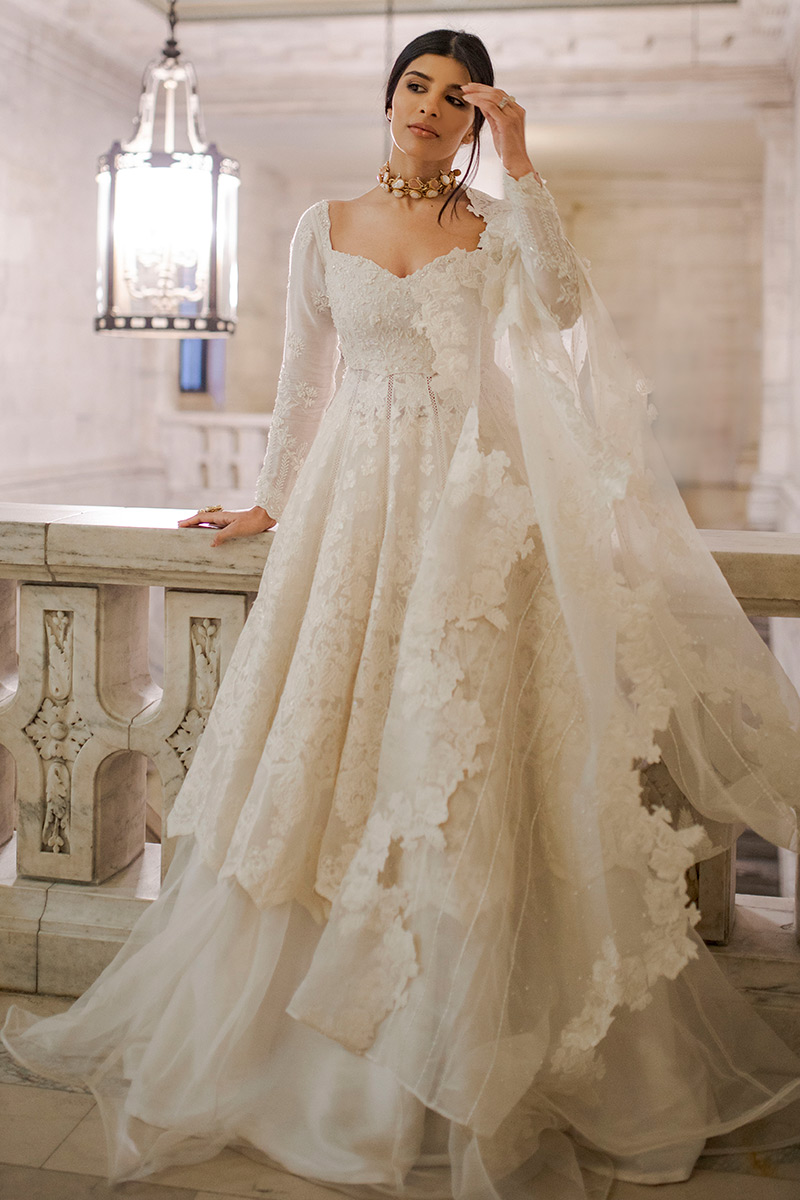 Pakistani Ivory White Embroidered Net Kalidaar Pishwas (2-Piece) - Image 1