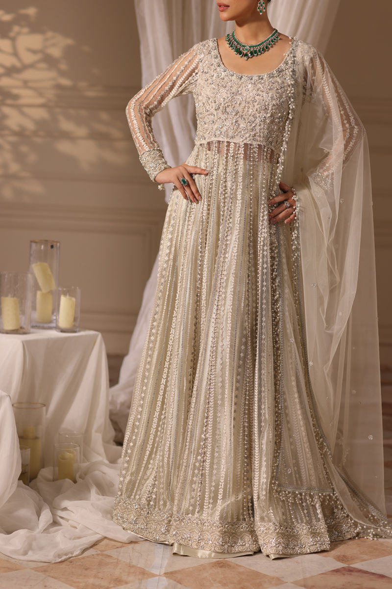 Ivory Embellished Net Pishwas Dress (3-Piece) - Image 1