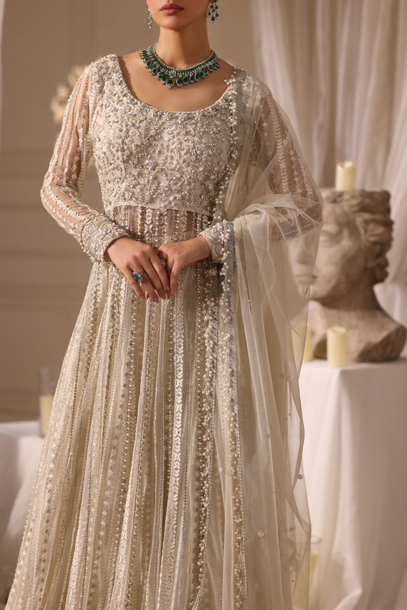 Ivory Embellished Net Pishwas Dress (3-Piece) - Image 4