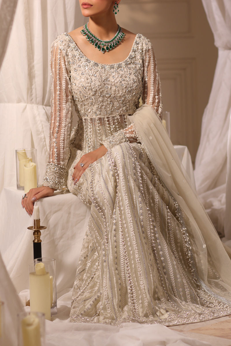 Ivory Embellished Net Pishwas Dress (3-Piece) - Image 5