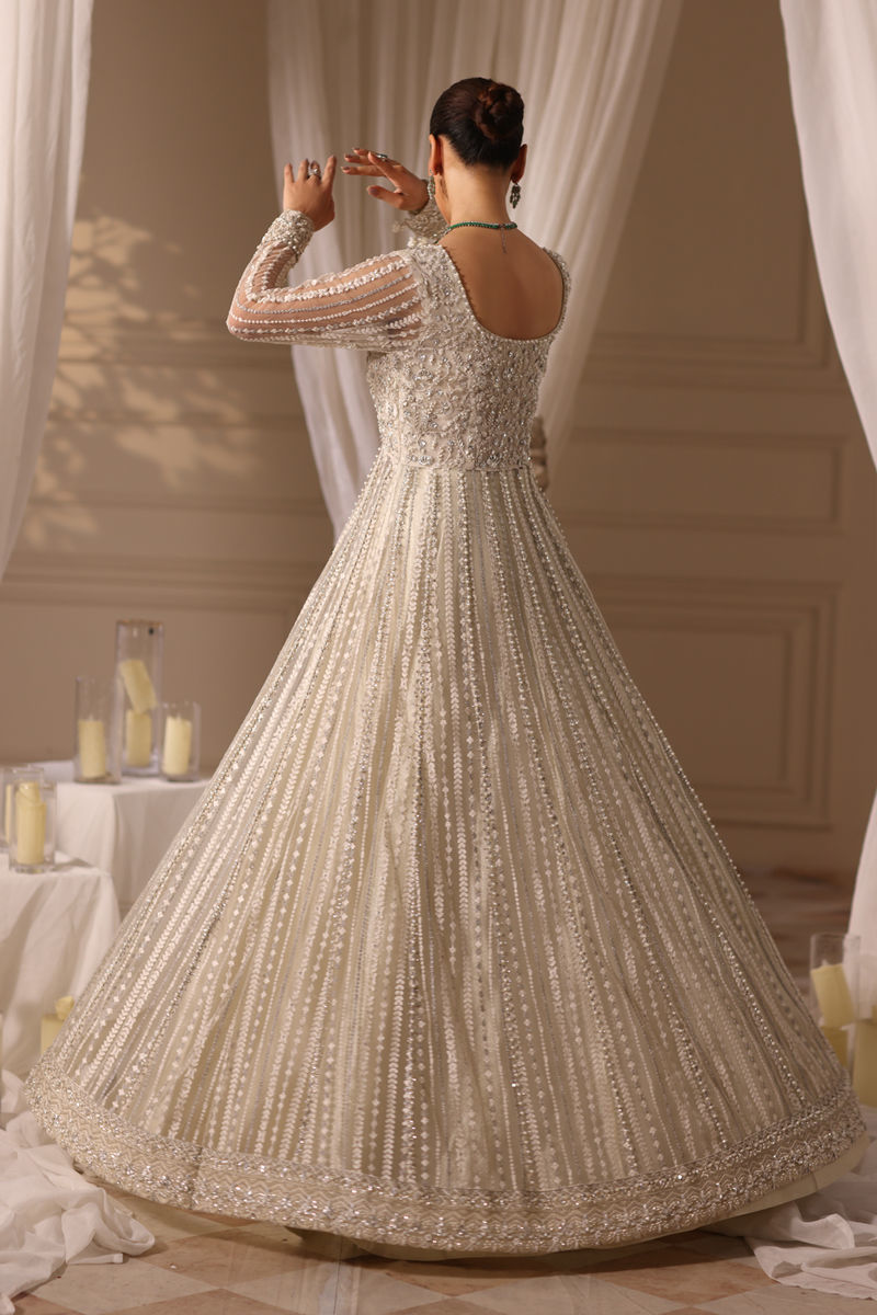 Ivory Embellished Net Pishwas Dress (3-Piece) - Image 6