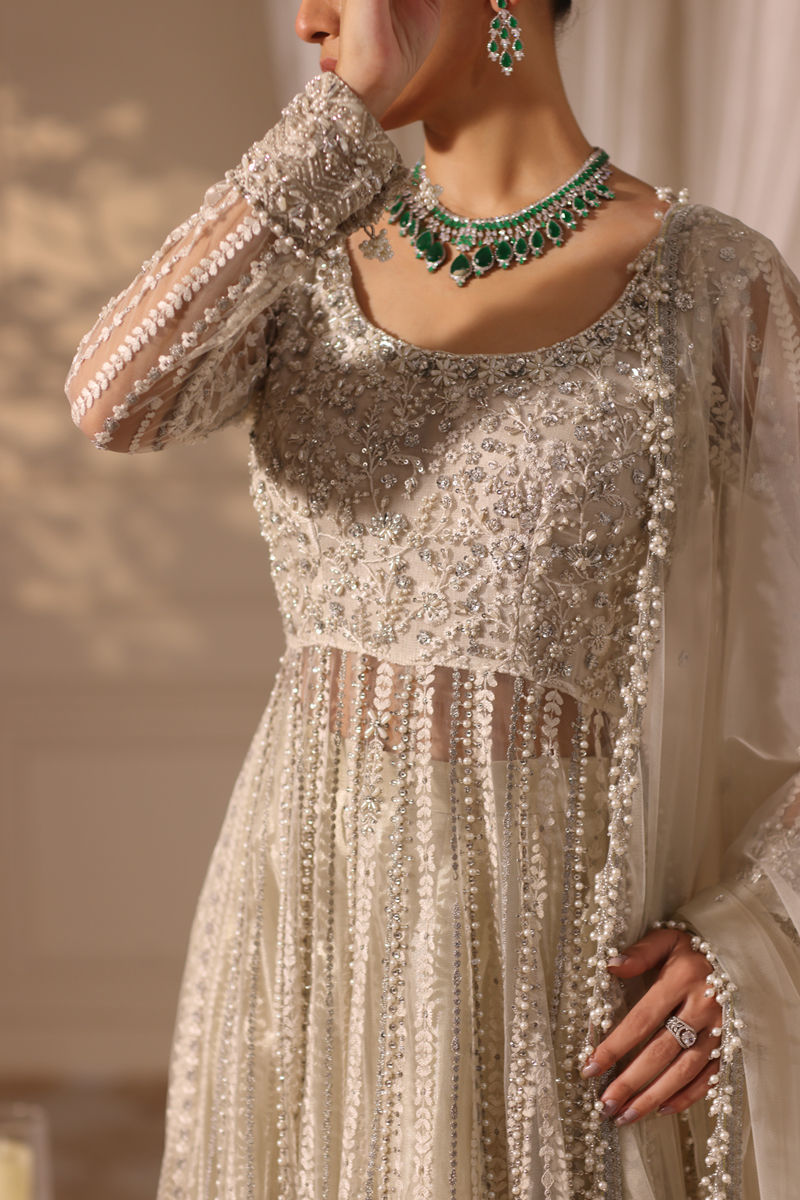 Ivory Embellished Net Pishwas Dress (3-Piece) - Image 7