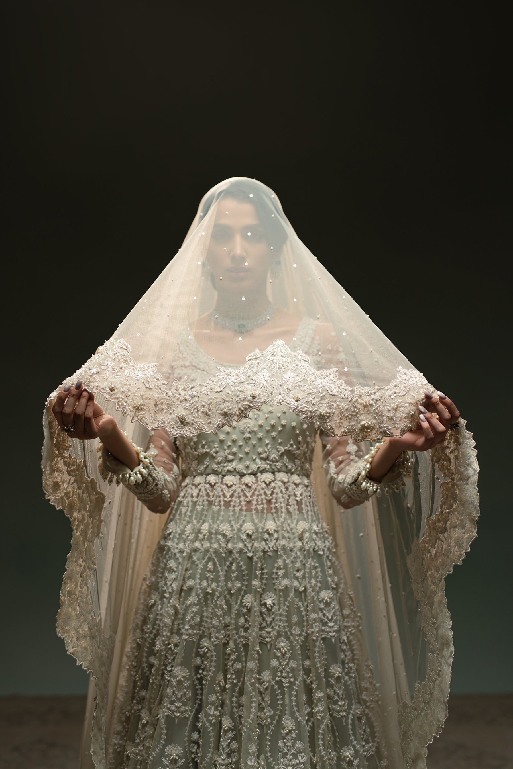 Pakistani Ivory Hand-Embellished Net Pishwas Dress (3-Piece) - Image 2