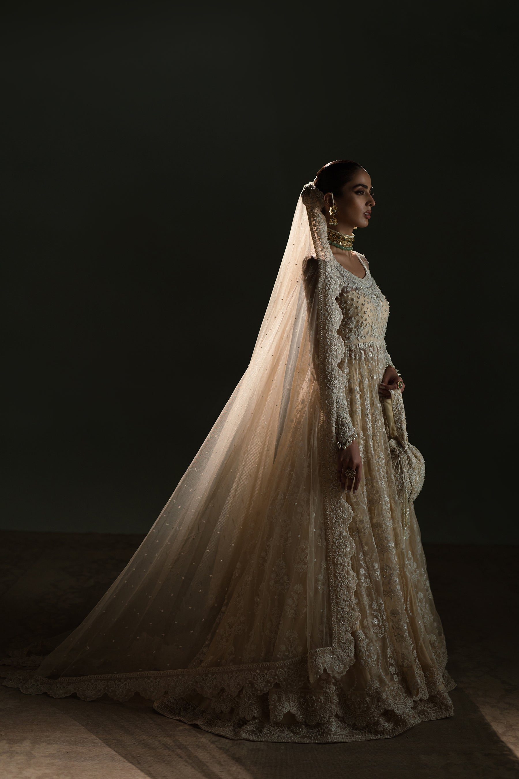 Pakistani Ivory Hand-Embellished Net Pishwas Dress (3-Piece) - Image 3