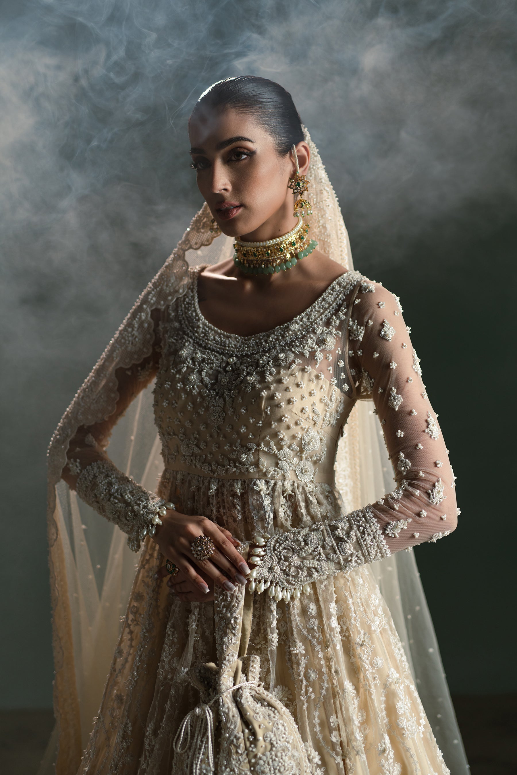 Pakistani Ivory Hand-Embellished Net Pishwas Dress (3-Piece) - Image 4