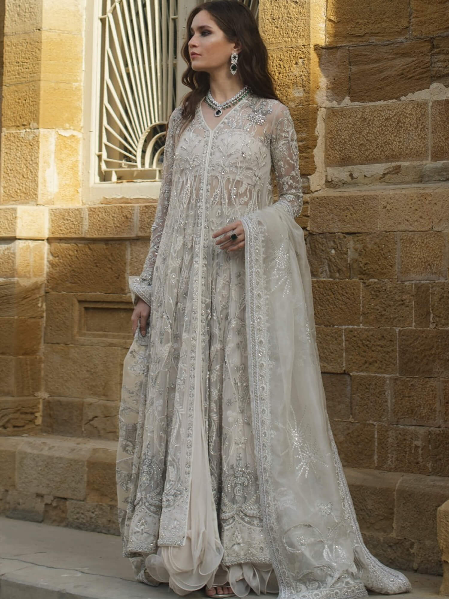 Ivory Zardozi Net Silk Pishwas Dress (3-Piece) - Image 1