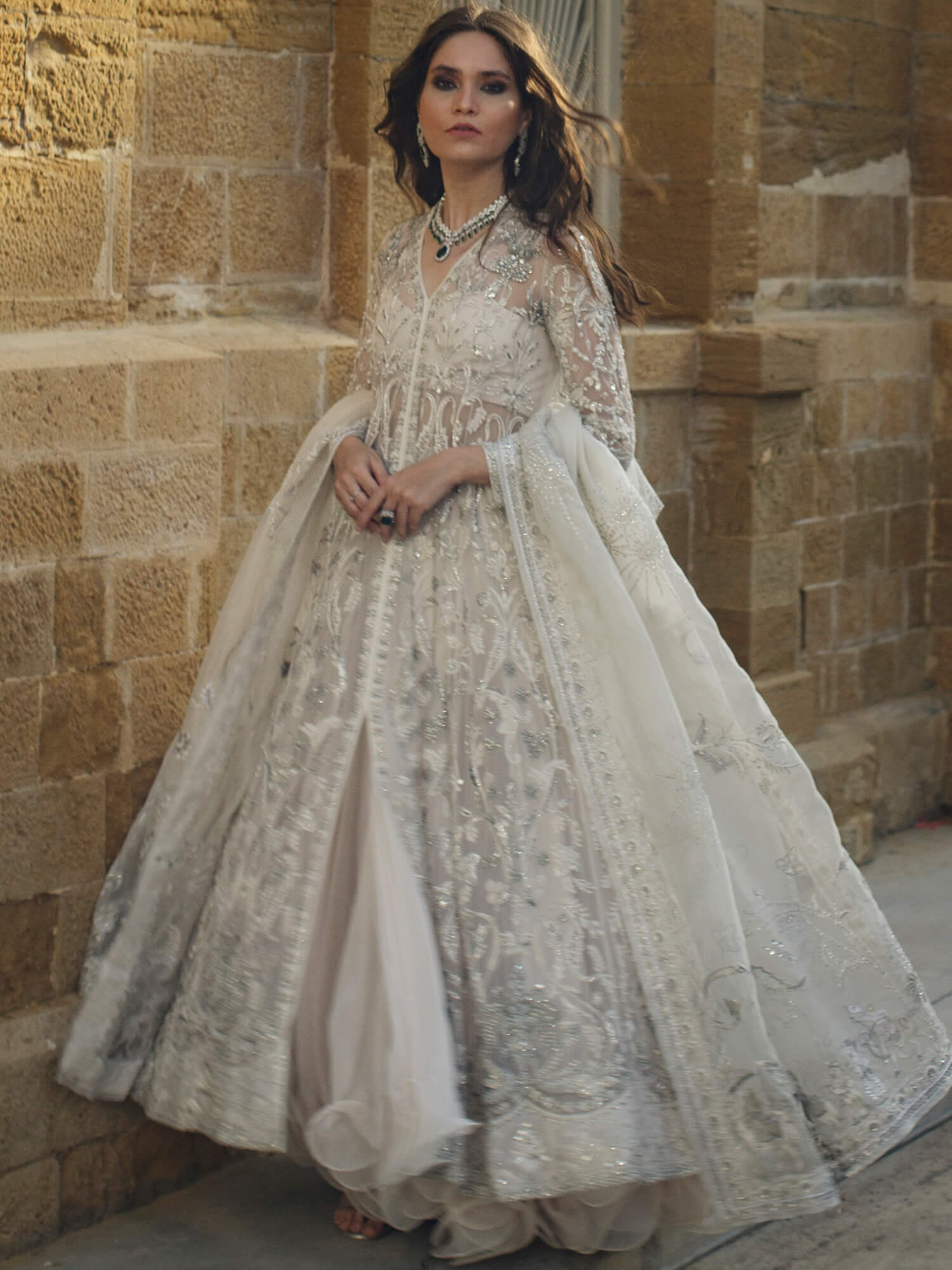 Ivory Zardozi Net Silk Pishwas Dress (3-Piece) - Image 2