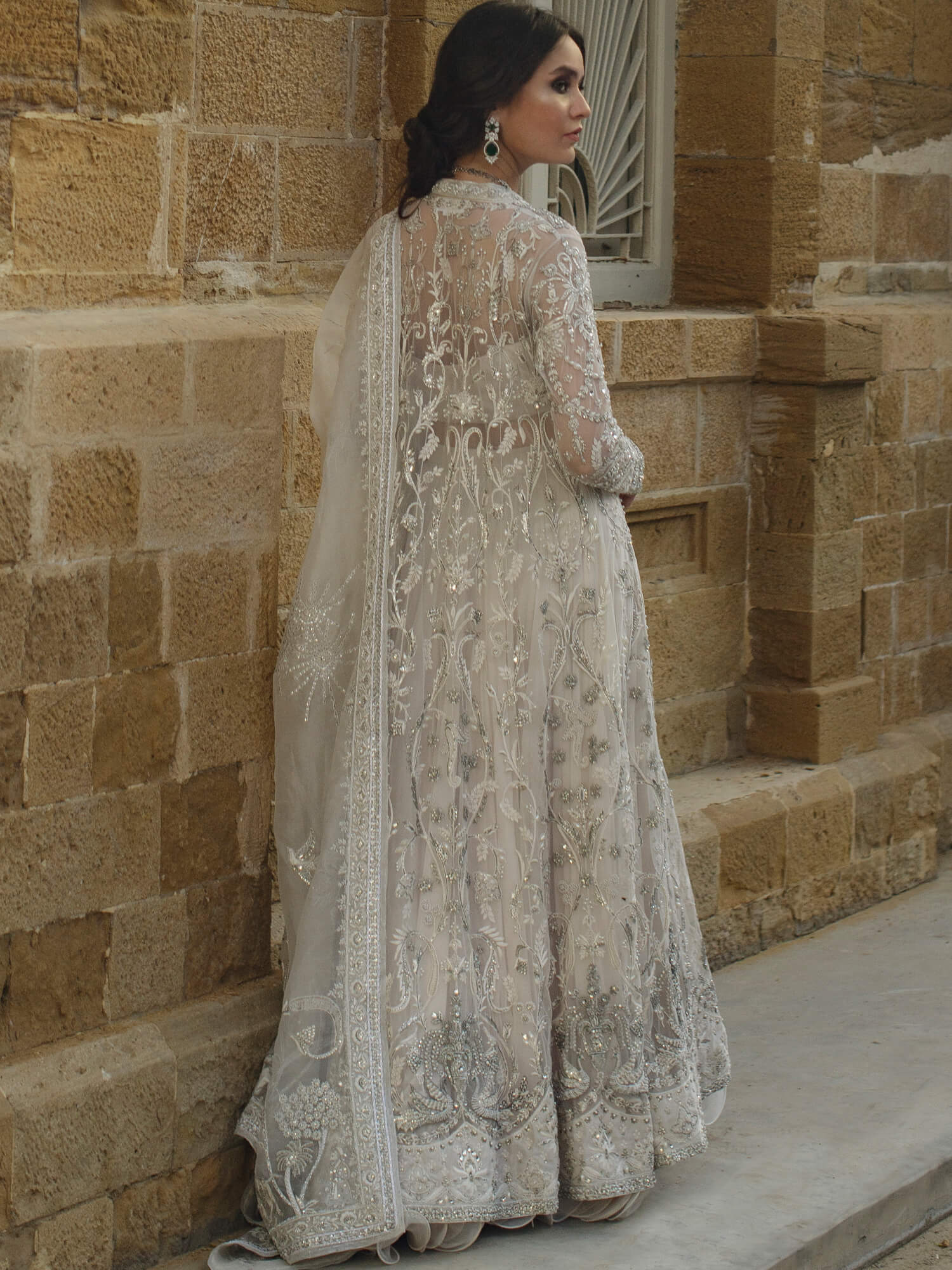 Ivory Zardozi Net Silk Pishwas Dress (3-Piece) - Image 3