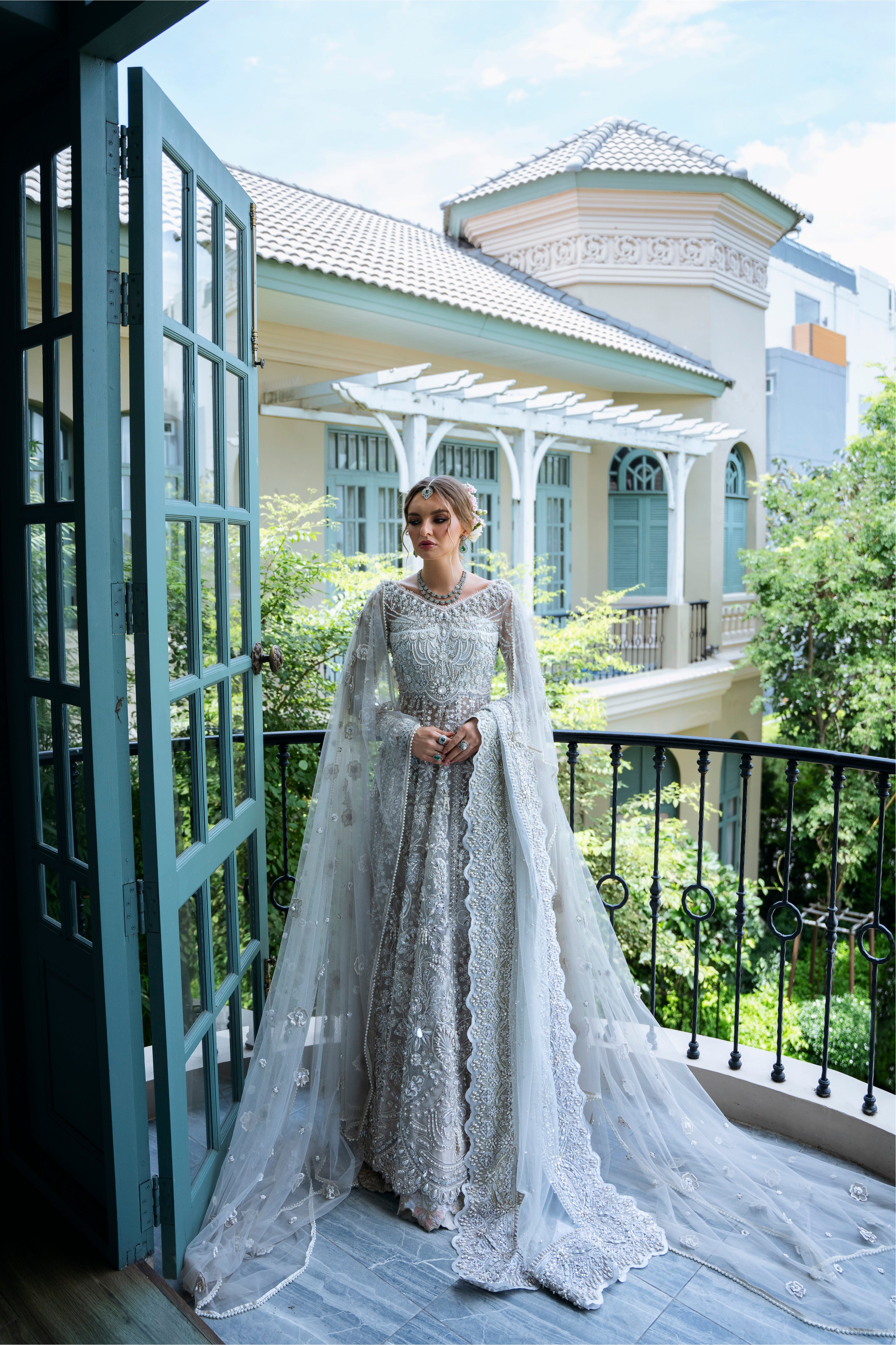 Ivory White Embroidered Net Pishwas Dress (3-Piece) - Image 1