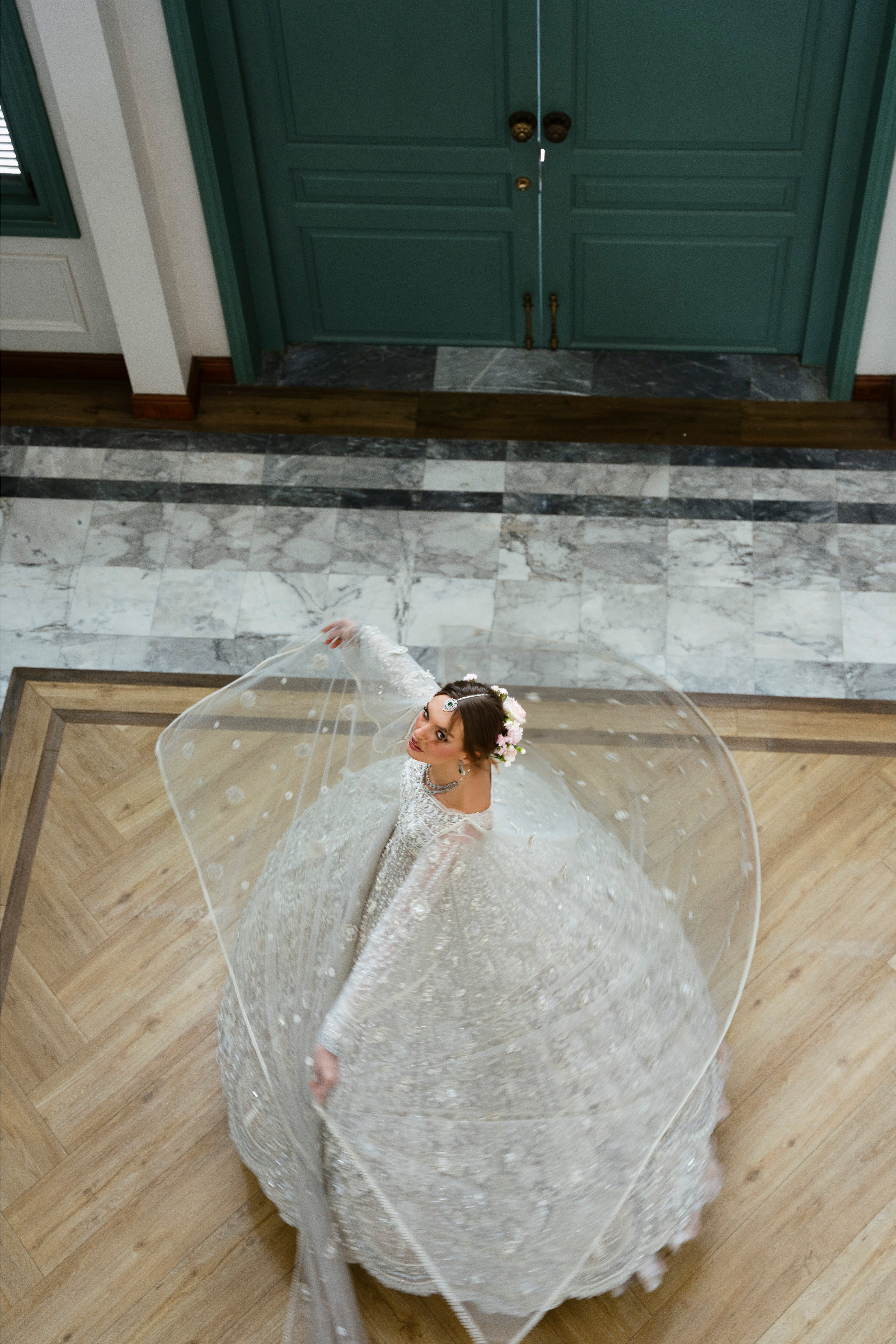 Ivory White Embroidered Net Pishwas Dress (3-Piece) - Image 3