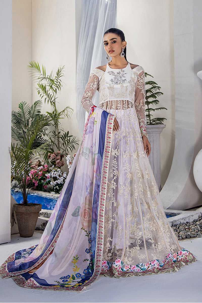 Pakistani Ivory Embroidered Net Pishwas Dress (3-Piece) - Image 1