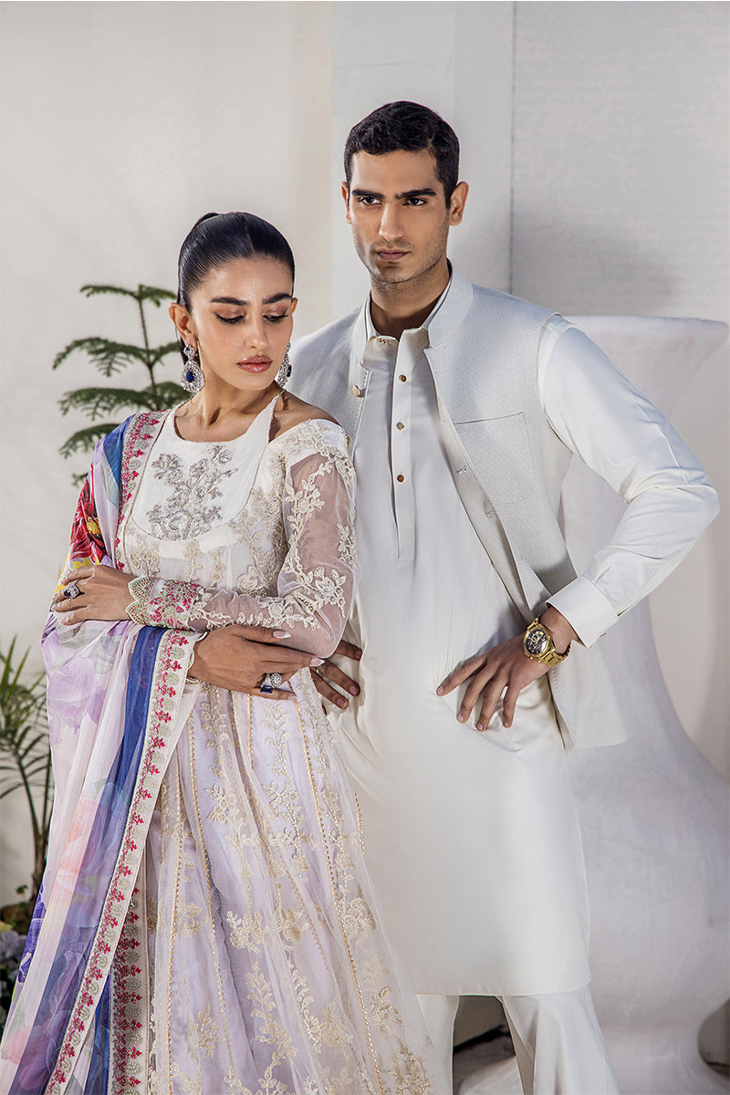 Pakistani Ivory Embroidered Net Pishwas Dress (3-Piece) - Image 10