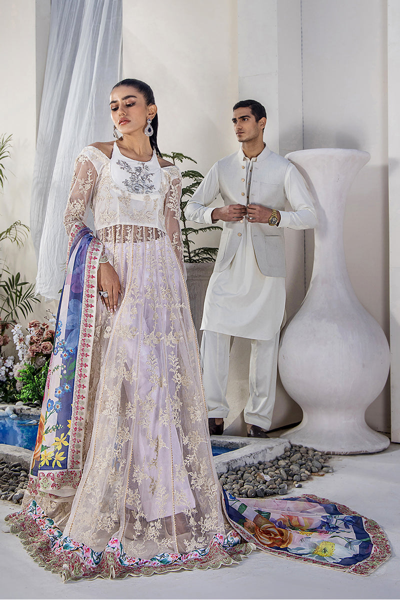 Pakistani Ivory Embroidered Net Pishwas Dress (3-Piece) - Image 11
