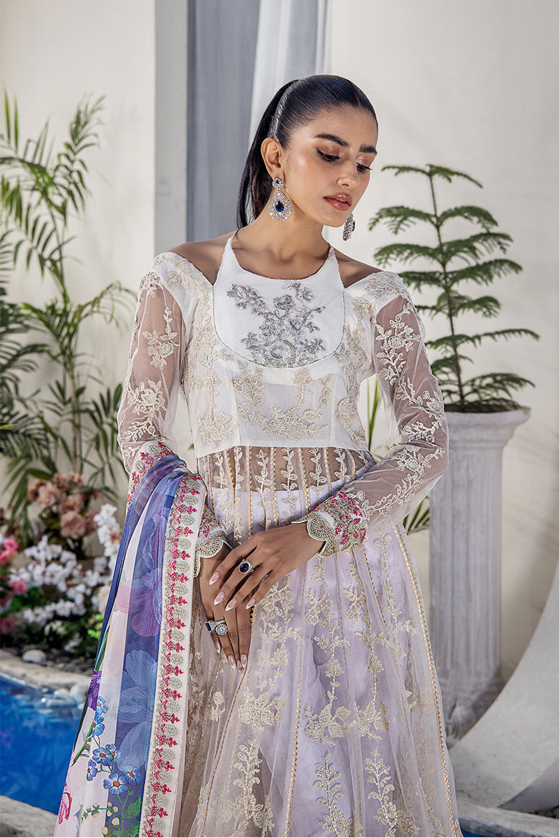 Pakistani Ivory Embroidered Net Pishwas Dress (3-Piece) - Image 12