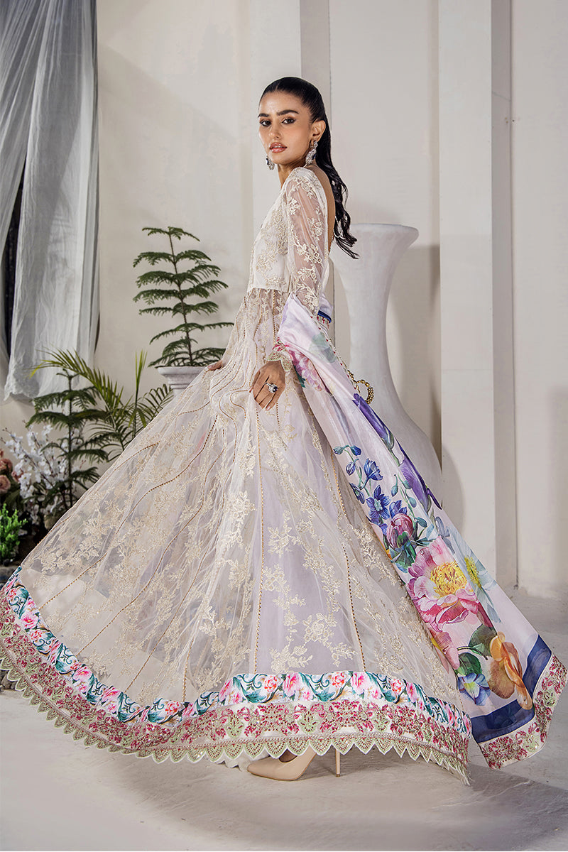 Pakistani Ivory Embroidered Net Pishwas Dress (3-Piece) - Image 3