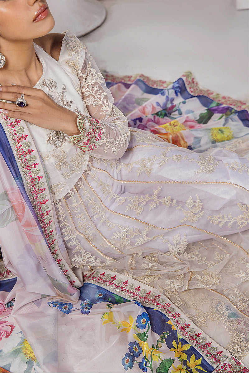 Pakistani Ivory Embroidered Net Pishwas Dress (3-Piece) - Image 4