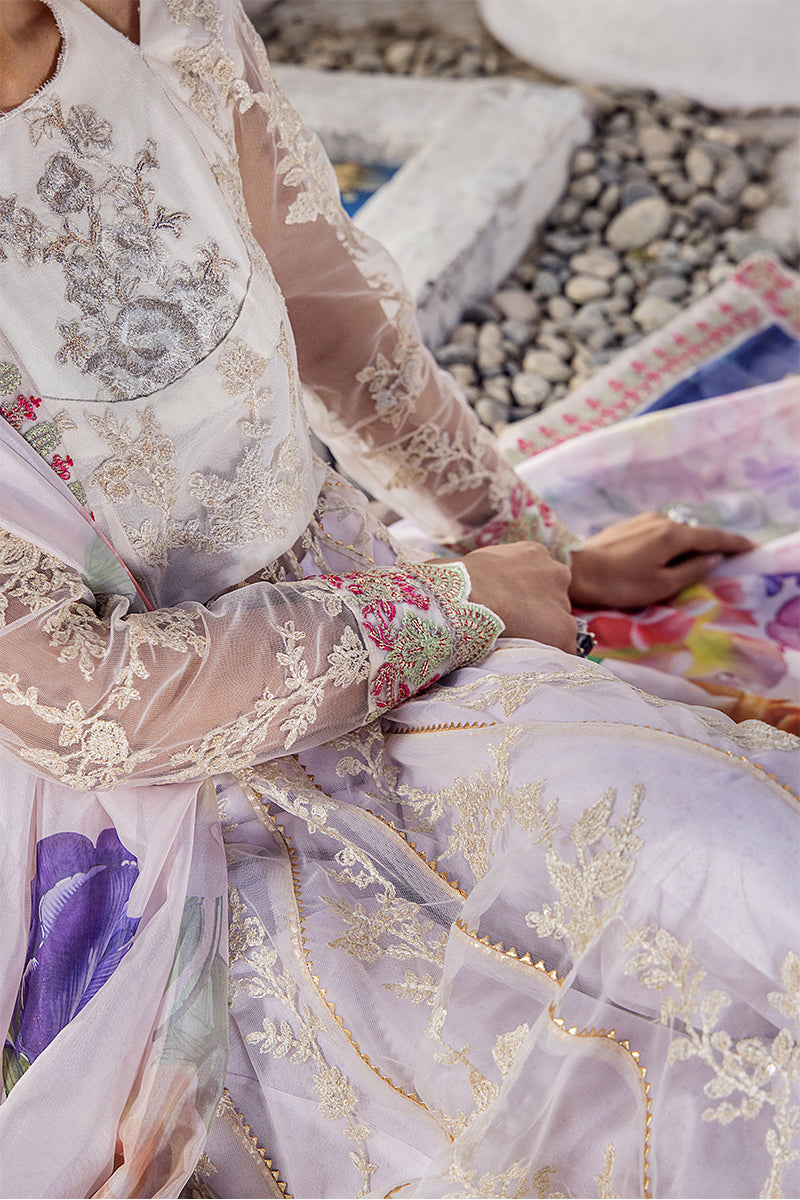 Pakistani Ivory Embroidered Net Pishwas Dress (3-Piece) - Image 5