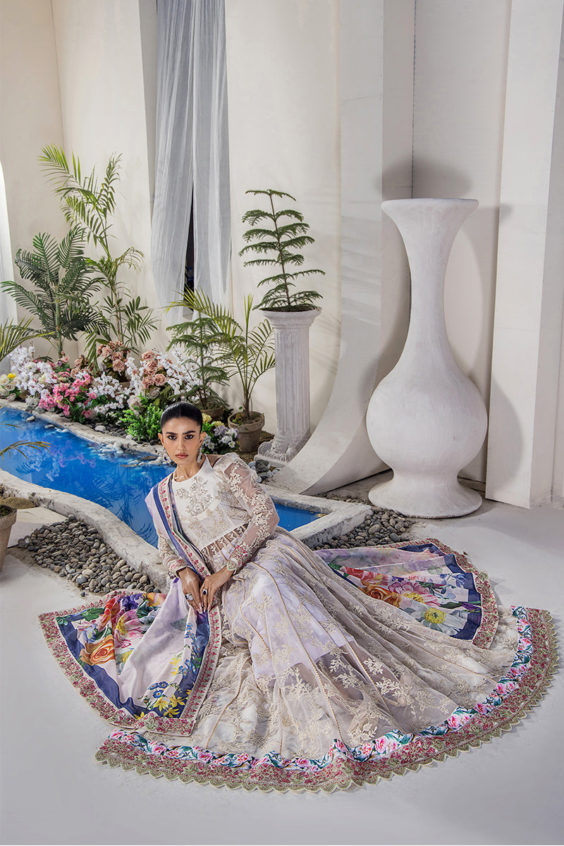 Pakistani Ivory Embroidered Net Pishwas Dress (3-Piece) - Image 7