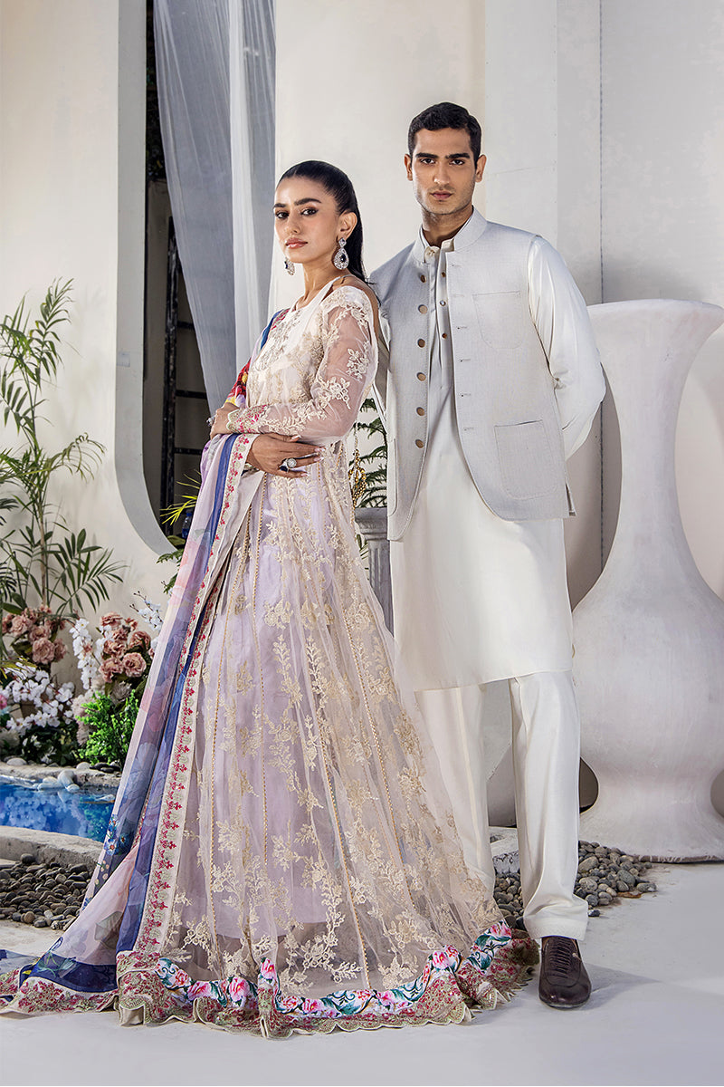 Pakistani Ivory Embroidered Net Pishwas Dress (3-Piece) - Image 9