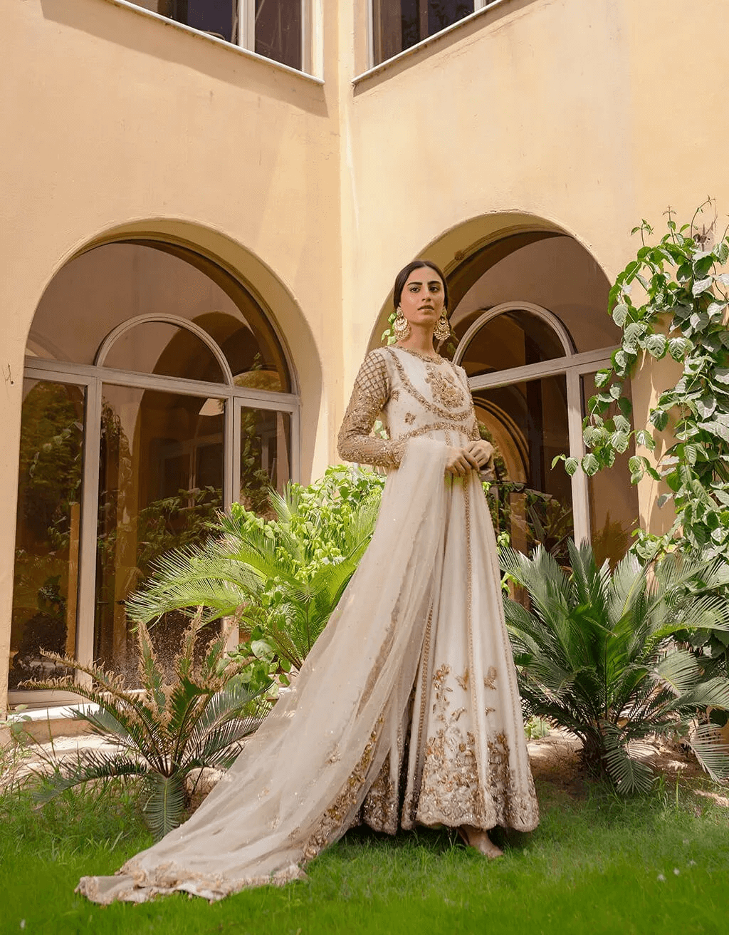 Pakistani Ivory Embroidered Net Pishwas Dress (2-Piece) - Image 1