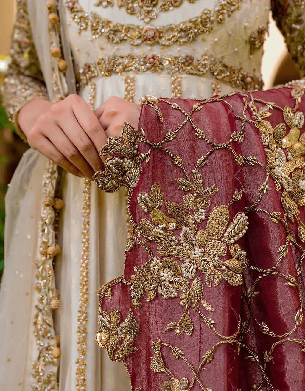 Pakistani Ivory Embroidered Net Pishwas Dress (2-Piece) - Image 2