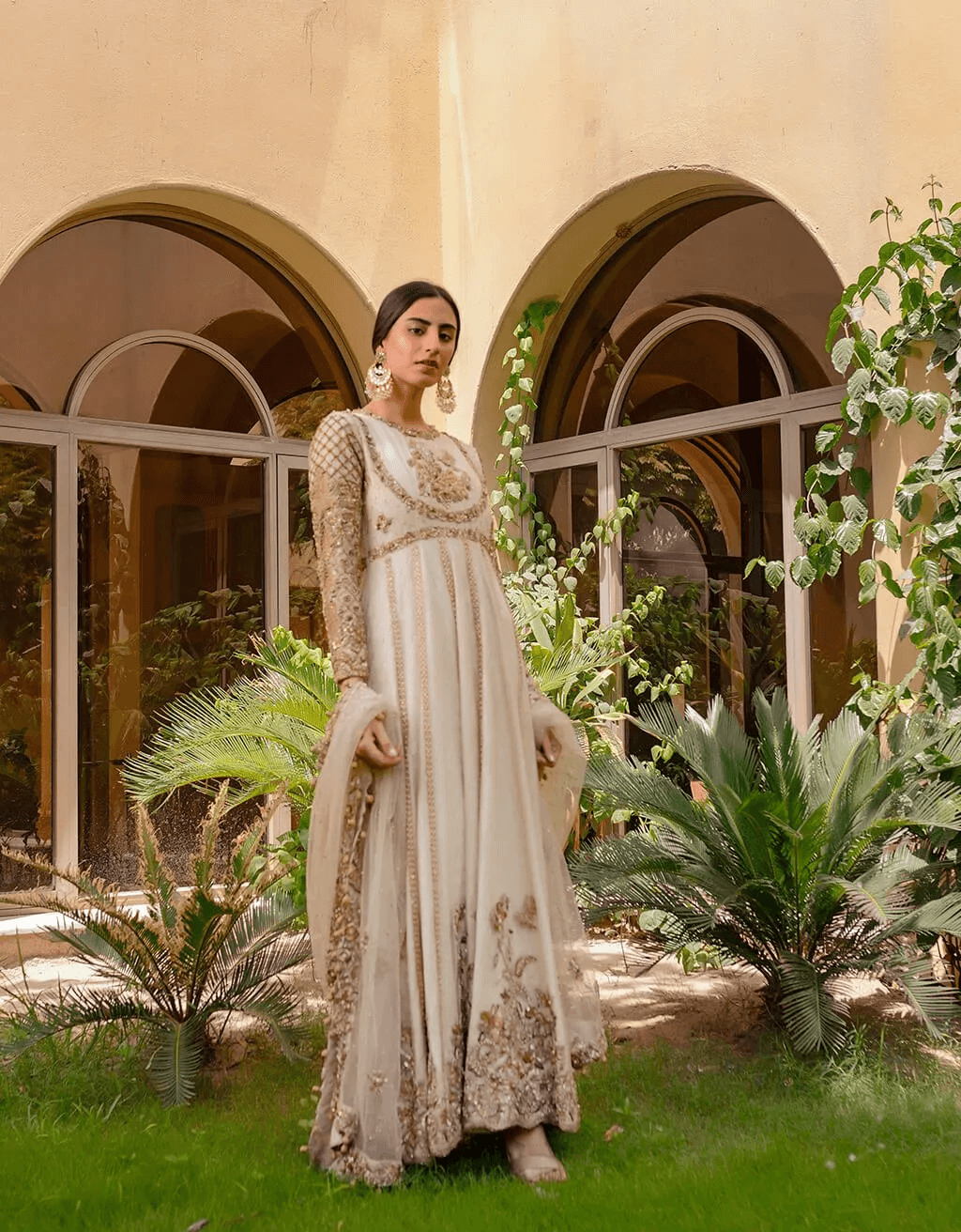 Pakistani Ivory Embroidered Net Pishwas Dress (2-Piece) - Image 5