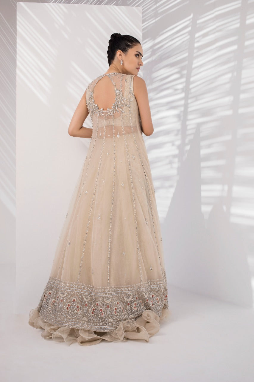 Pakistani Eggshell Zardozi Net Pishwas Dress (2-Piece) - Image 3