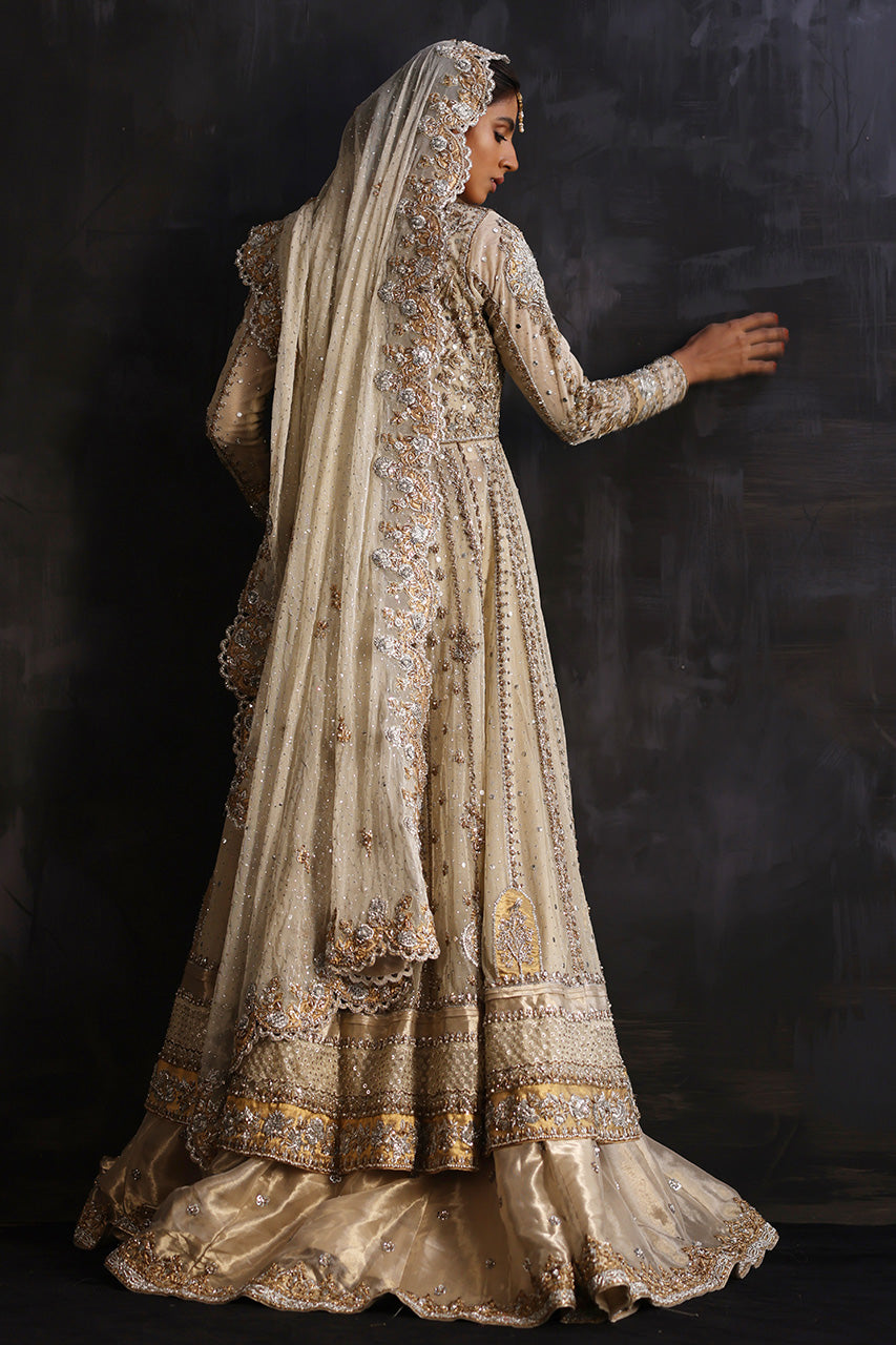 Pakistani Ivory Zardozi Net & Silk Bridal Pishwas (3-Piece) - Image 2