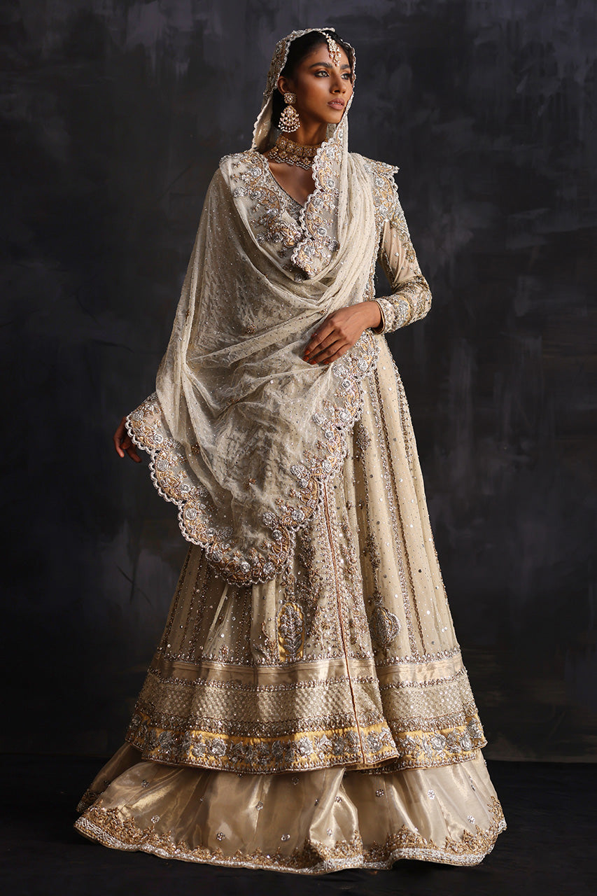 Pakistani Ivory Zardozi Net & Silk Bridal Pishwas (3-Piece) - Image 5