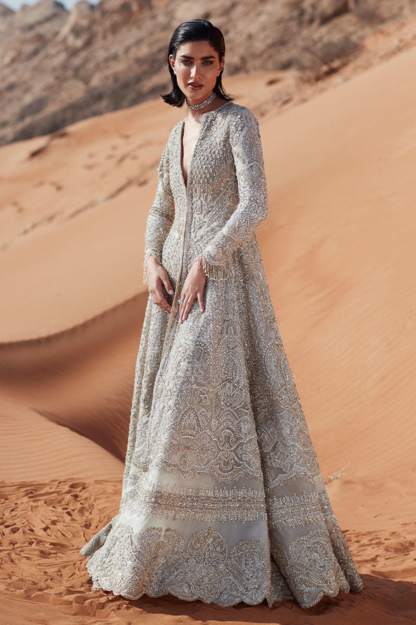 Pakistani Off-White Zardozi Net Bridal Pishwas (1-Pc) - Image 1