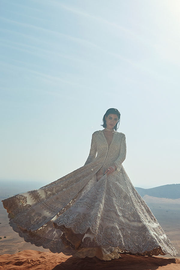 Pakistani Off-White Zardozi Net Bridal Pishwas (1-Pc) - Image 3