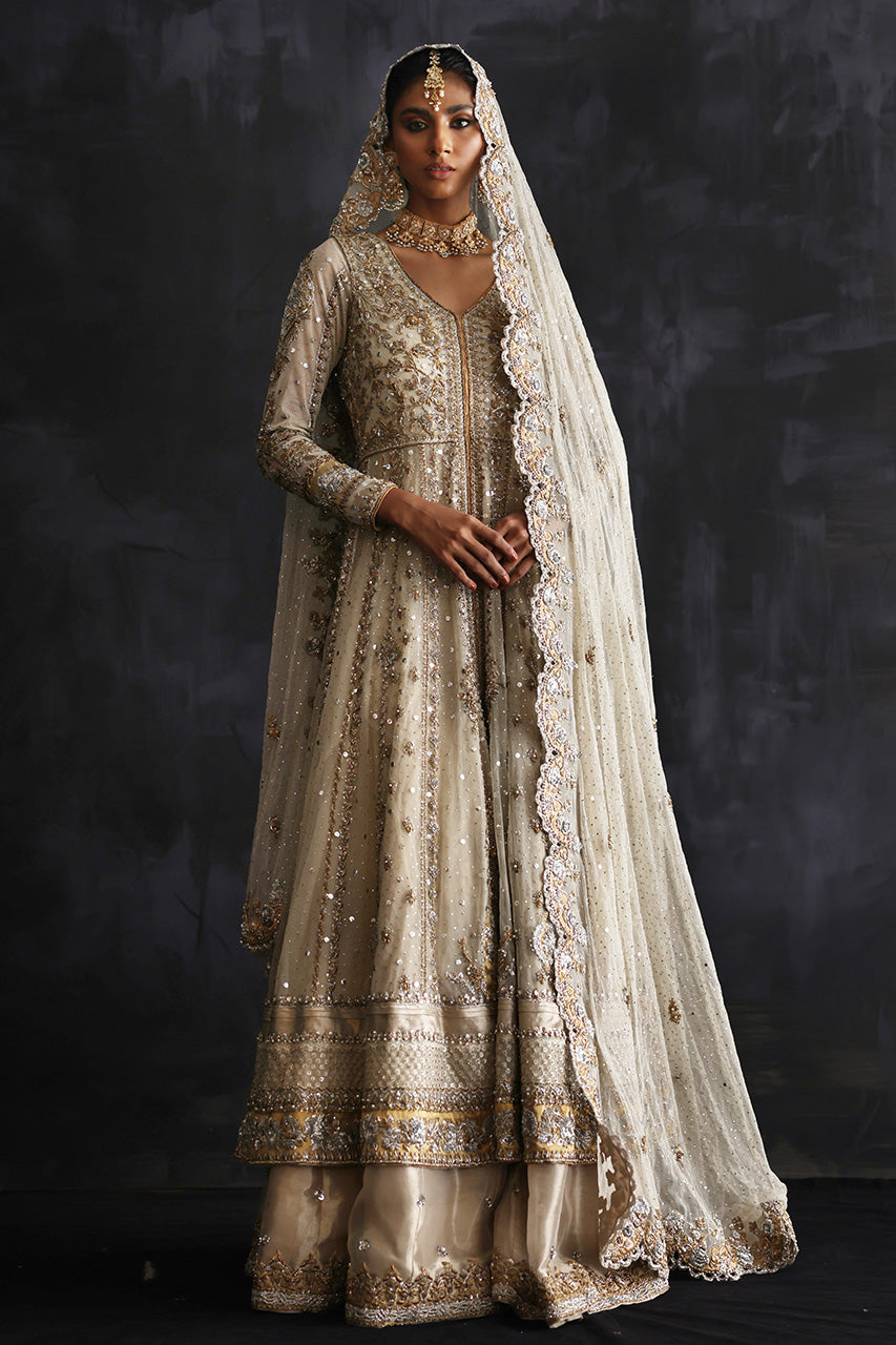 Ivory Zardozi Net & Silk Bridal Pishwas (3-Piece) - Image 1