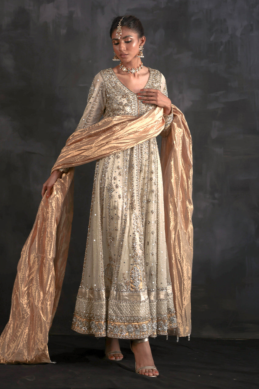 Ivory Zardozi Pure Net Pishwas (3-Piece) - Image 4