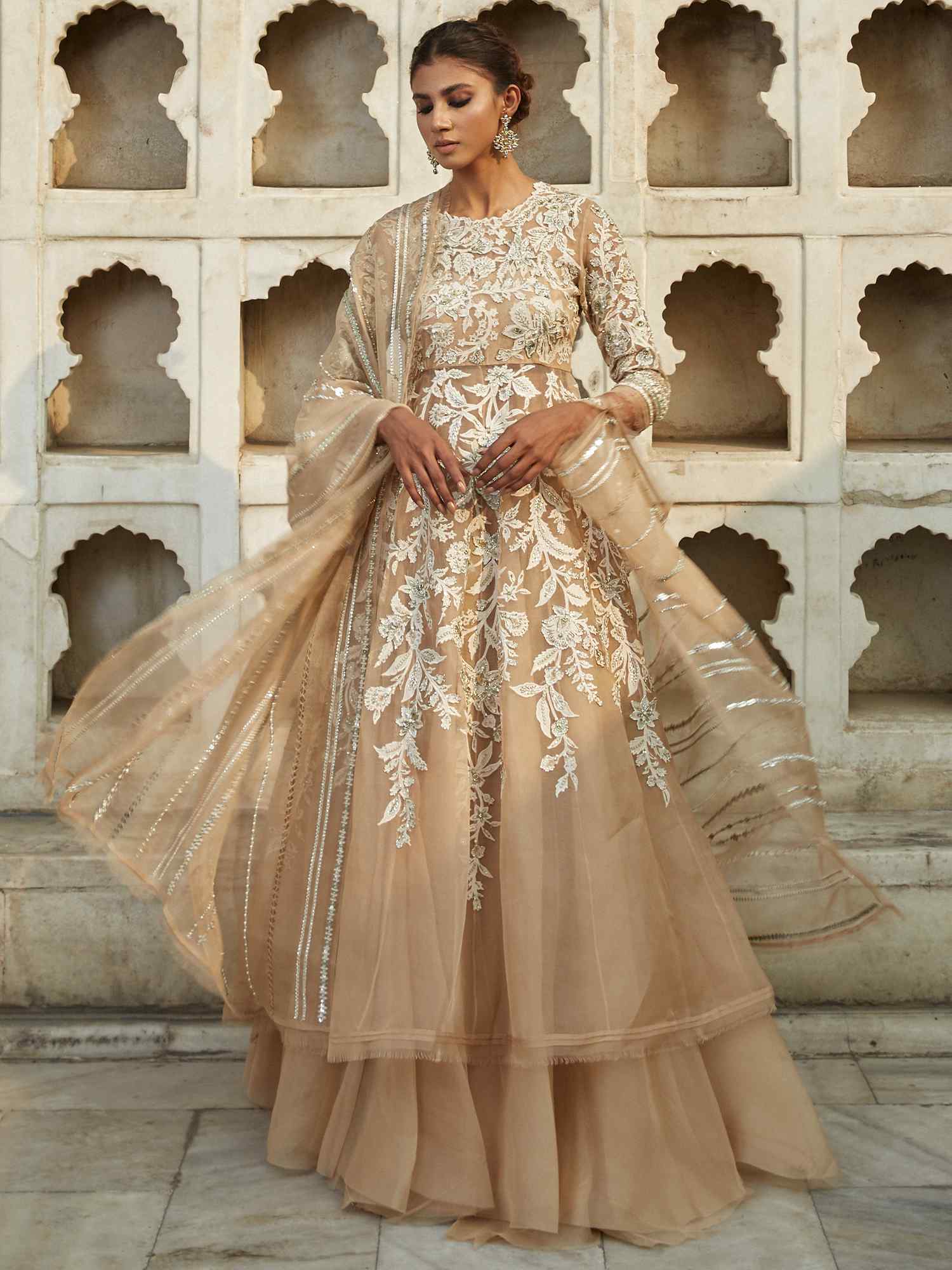 Nude Chintz Appliqué Zardozi Organza Pishwas (2-Piece) - Image 1