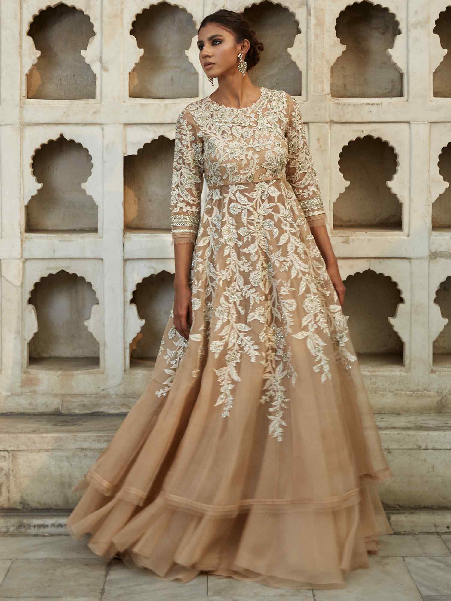 Nude Chintz Appliqué Zardozi Organza Pishwas (2-Piece) - Image 5