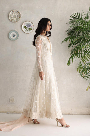Pakistani Ivory Embroidered Organza Pishwas Dress (3-Piece) - Image 3
