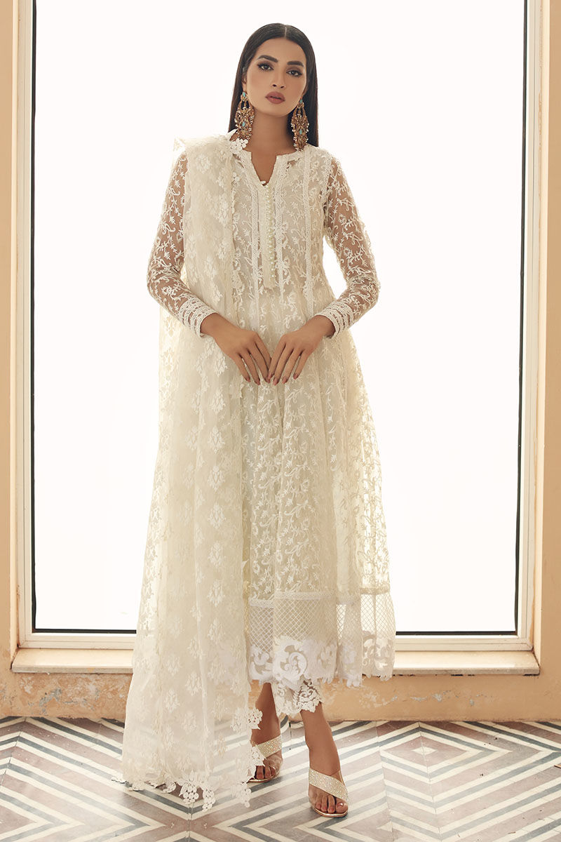 Off-White Embroidered Organza Kalidaar Pishwas (3-Piece) - Image 1