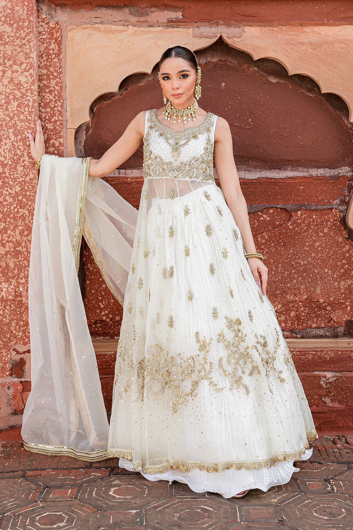 Ivory Gold Dabka Organza Pishwas Dress (3-Piece) - Image 1