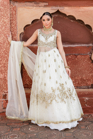 Ivory Gold Dabka Organza Pishwas Dress (3-Piece) - Image 2