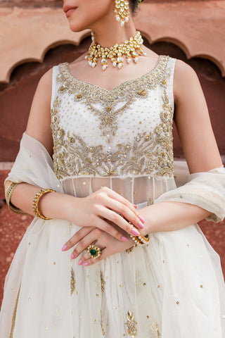 Ivory Gold Dabka Organza Pishwas Dress (3-Piece) - Image 3