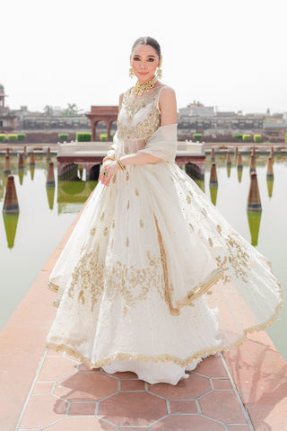 Ivory Gold Dabka Organza Pishwas Dress (3-Piece) - Image 5