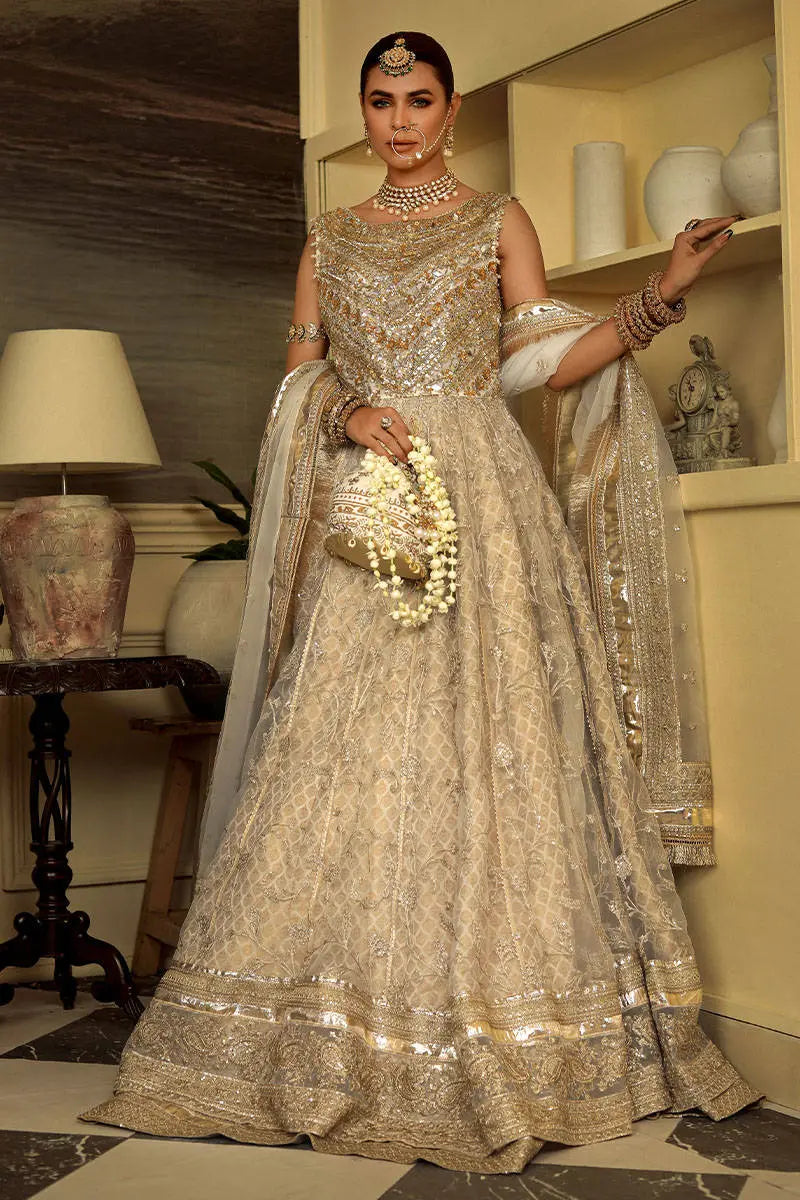 Cream Embroidered Organza & Jamawar Pishwas (3-Piece) - Image 1