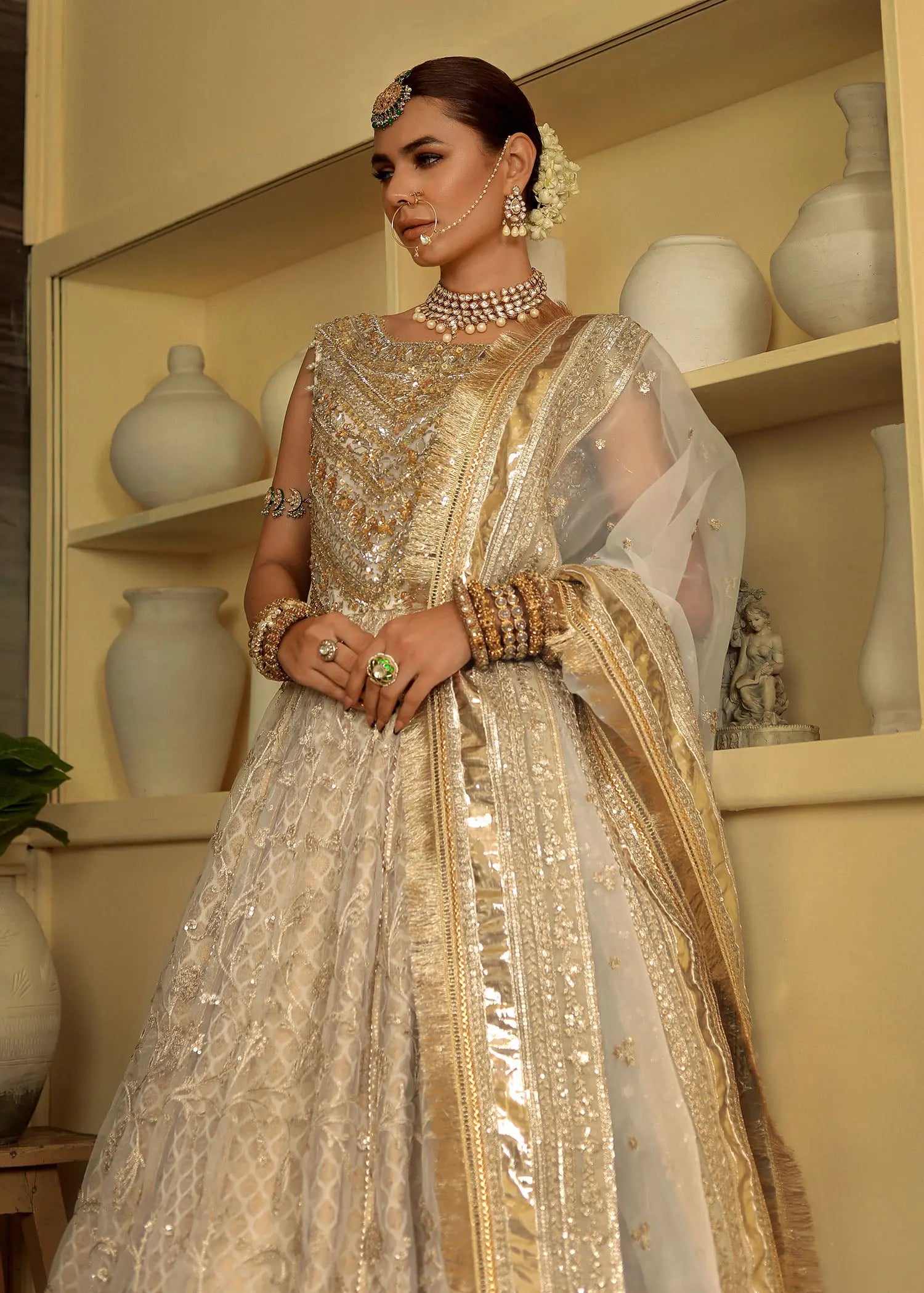 Cream Embroidered Organza & Jamawar Pishwas (3-Piece) - Image 11