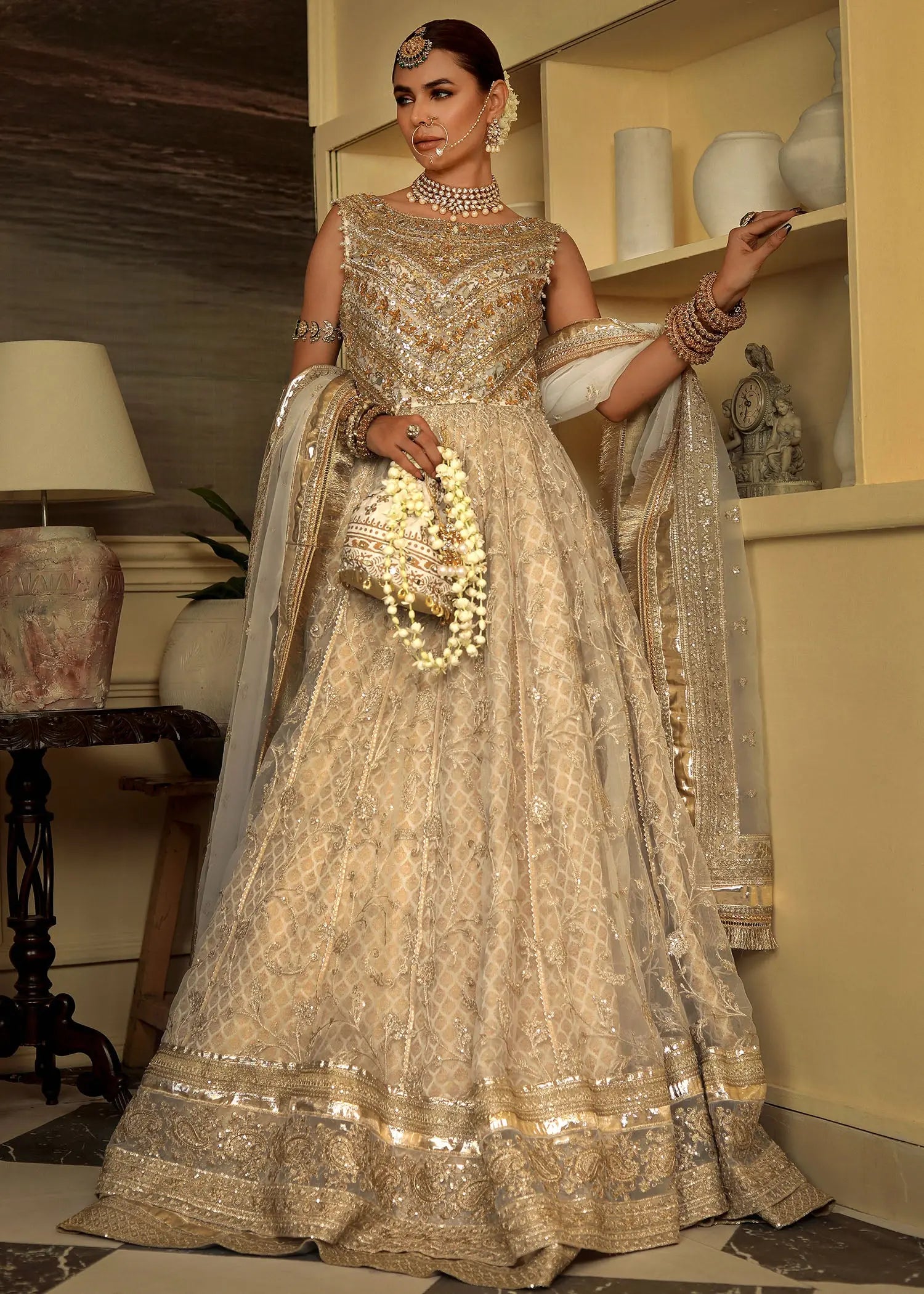 Cream Embroidered Organza & Jamawar Pishwas (3-Piece) - Image 12