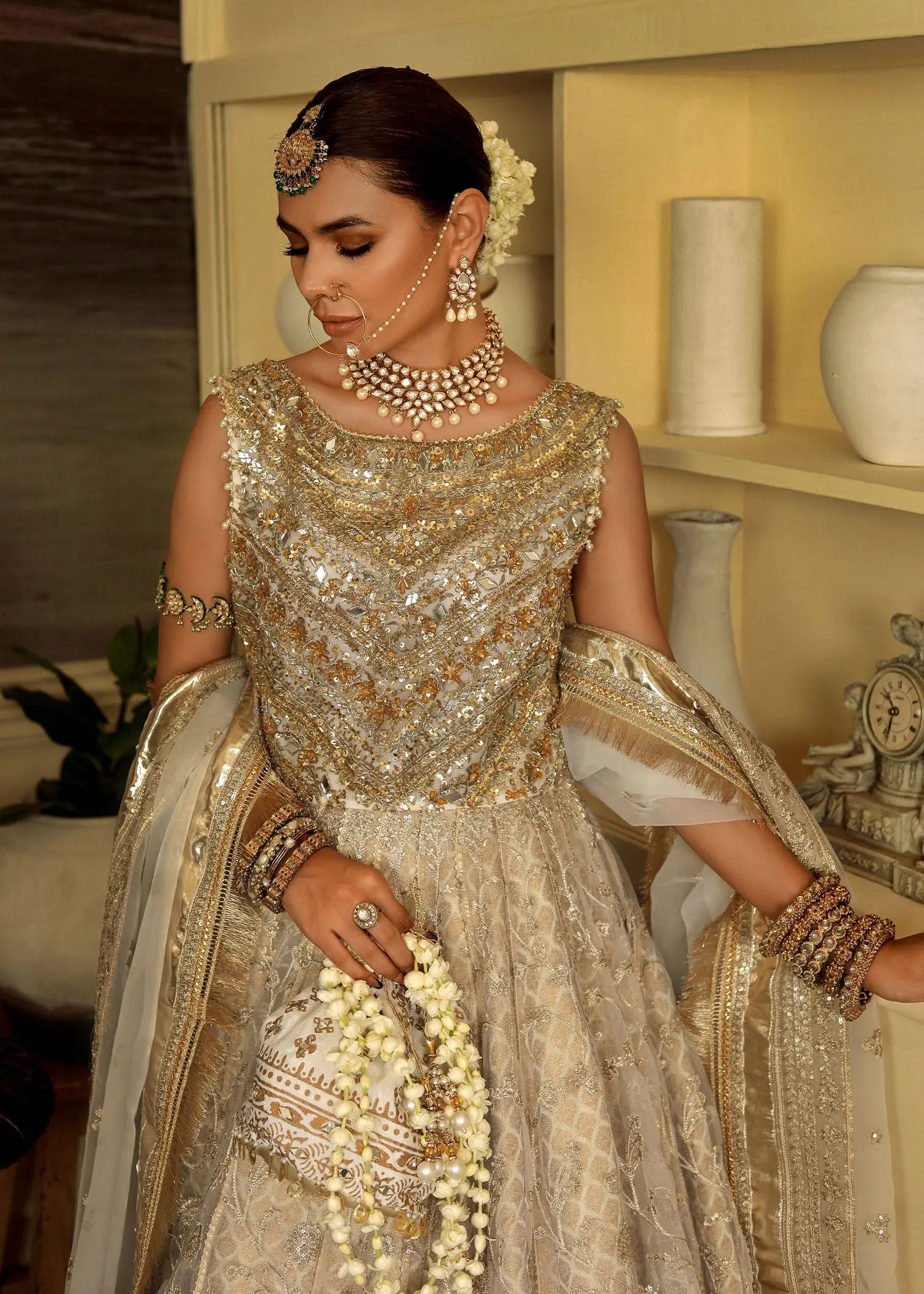 Cream Embroidered Organza & Jamawar Pishwas (3-Piece) - Image 13