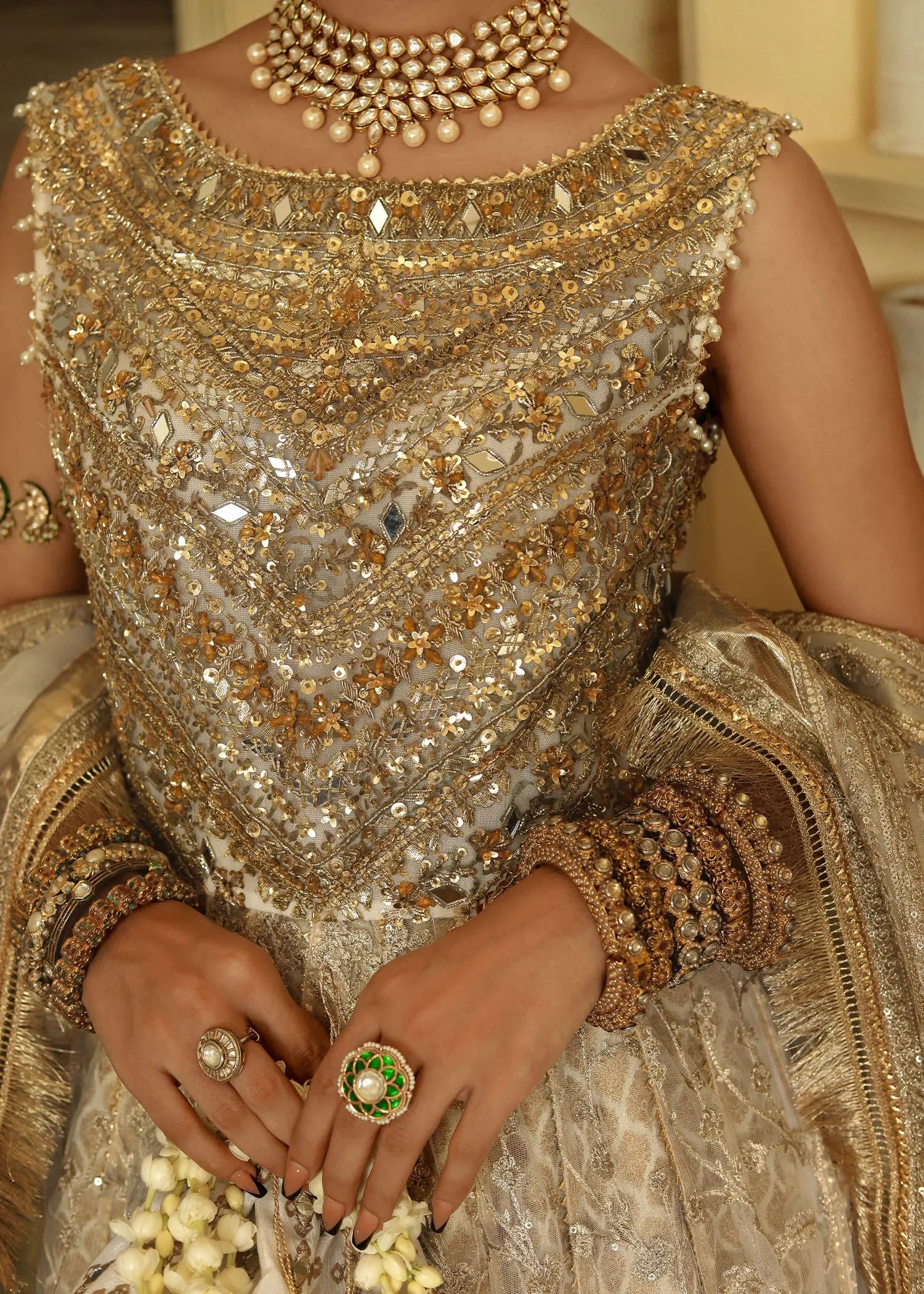 Cream Embroidered Organza & Jamawar Pishwas (3-Piece) - Image 14