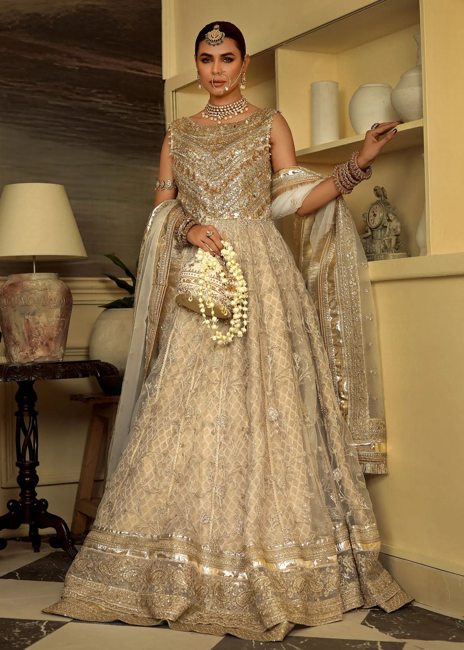 Cream Embroidered Organza & Jamawar Pishwas (3-Piece) - Image 15