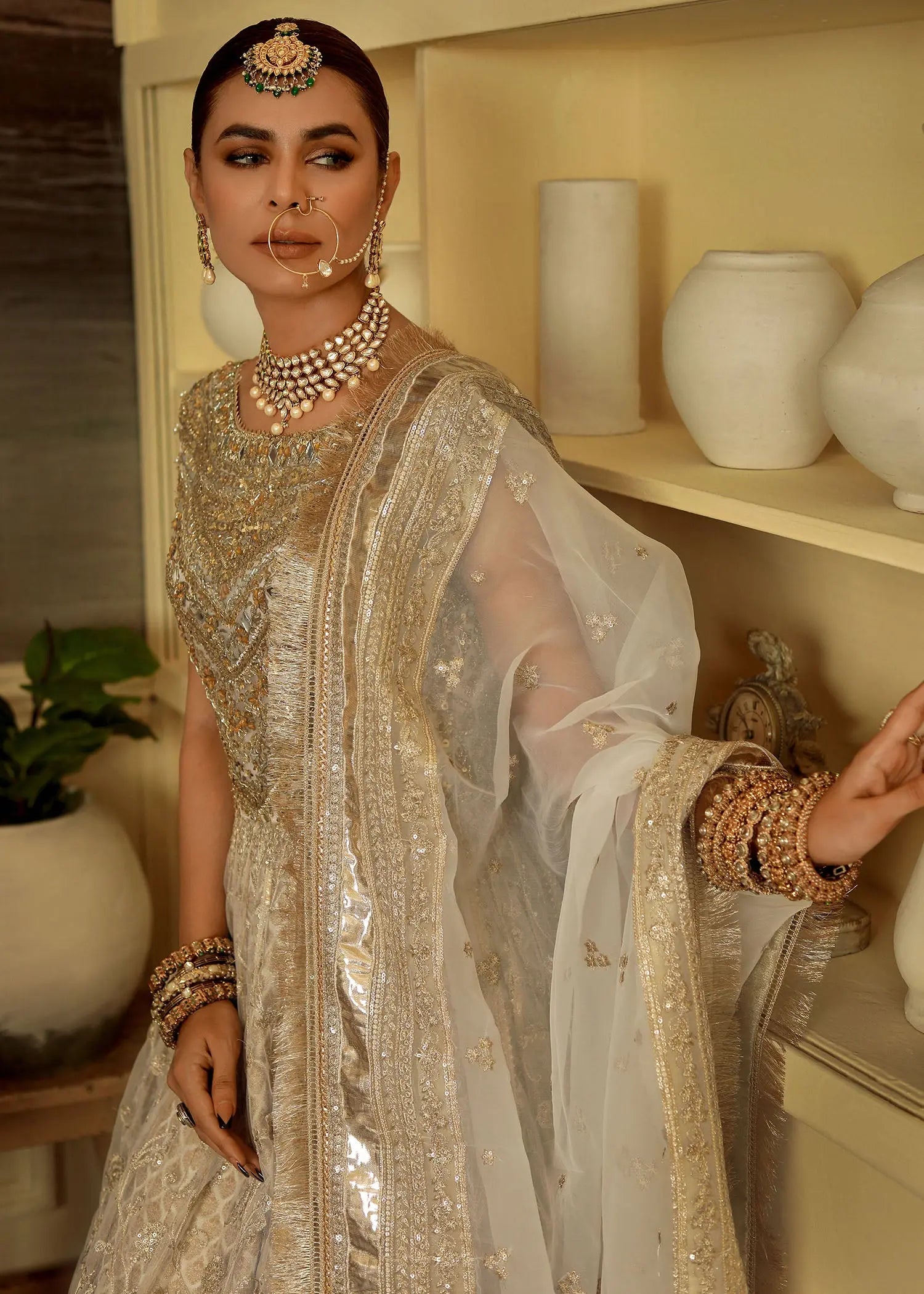 Cream Embroidered Organza & Jamawar Pishwas (3-Piece) - Image 16